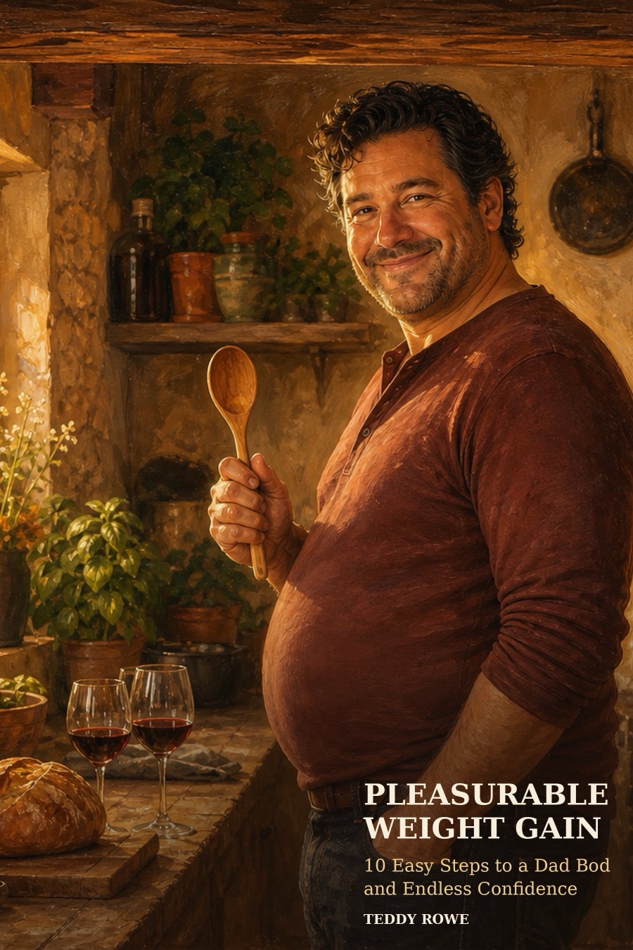 Pleasurable Weight Gain book cover: a smiling man in a kitchen, wooden spoon in hand, dad bod visible